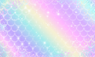 Mermaid rainbow scales. Fantasy holographic background in sparkling stars and bubbles for design.