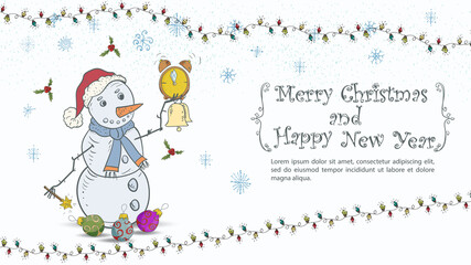Christmas and New Years illustration for the design inscription congratulations in a frame A snowman holds an alarm clock and a bell in his hand among Christmas tree toys