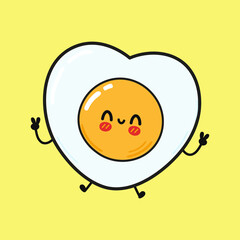 Obraz premium Cute funny jumping fried eggs character. Vector hand drawn cartoon kawaii character illustration icon. Isolated on yellow background. Fried eggs character concept