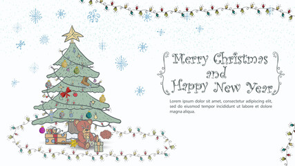 Christmas and New Years illustration for the design inscription congratulations in a frame Christmas decorated with toys spruce stands among the gifts