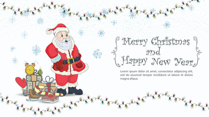 Christmas and New Years illustration for the design inscription congratulations in a frame Santa Claus is standing next to a large pile of gifts