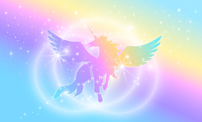 Silhouette of a unicorn with wings on a background of a rainbow sky with stars. © Natalia