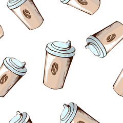 Hand drawn coffee cups. Vector seamless pattern. White background