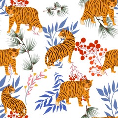 Fototapeta na wymiar Seamless pattern with tigers and winter botanical. Design for card, textile, fabric, wallpaper