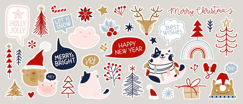 Christmas winter stickers collection for kids, seasonal design, cute animals and elements for scrapbook