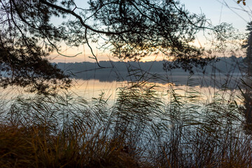 Atmospheric Dutch landscape with colorful autumn foliage silhouetted on peninsula in De IJzeren Man lake against the sunrise mirroring in the water.