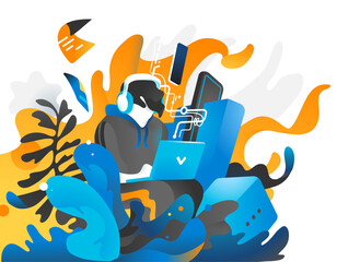 Giovane programmatore crea codice di sviluppo con il suo laptop