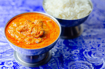 Traditional Indian food, tasty chicken Tikka Masala with Basmati rice