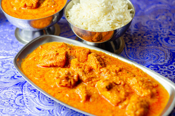 Traditional Indian food, tasty chicken Tikka Masala with Basmati rice