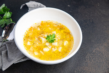 vegetables soup no meat vegetarianism first course meal snack on the table copy space food background rustic. top view keto or paleo diet veggie vegan or vegetarian food