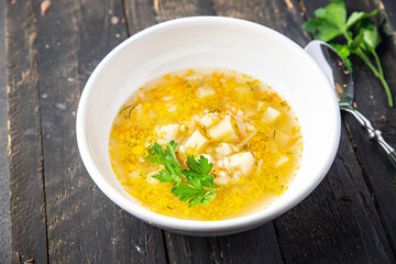 vegetables soup no meat vegetarianism first course meal snack on the table copy space food background rustic. top view keto or paleo diet veggie vegan or vegetarian food