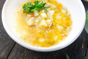 vegetables soup no meat vegetarianism first course meal snack on the table copy space food background rustic. top view keto or paleo diet veggie vegan or vegetarian food