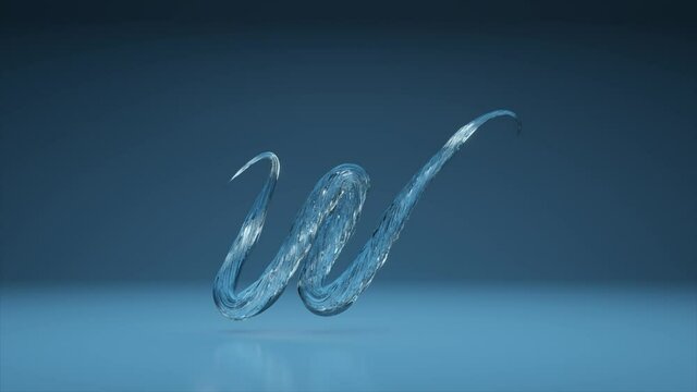 Collection Living Alphabet. Unique twisted letters. Blue water. Letter W. 3d animation of seamless loop with alpha matte