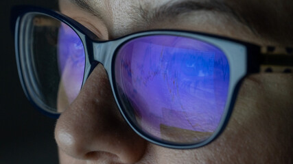 Close-up portrait of a caucasian woman in glasses looks at the screen with graphs in the dark. Screen reflection.