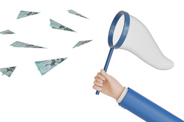 Cartoon hand catching flying dollar bills isolated on white background . Finance business concept. 3d illustration.
