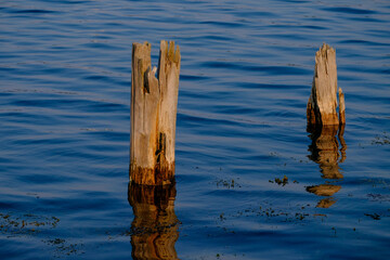 Sundown on the bay with a couple of wooden pilings in the bay