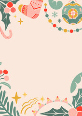 Christmas vintage greeting card. Floral ornaments, winter illustrations, Christmas decorations. New year cards.