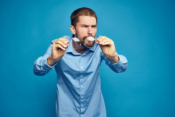 business man with glasses emotions blue background
