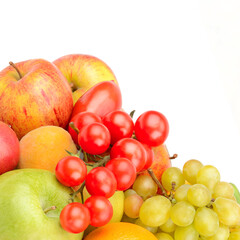 Fruits and vegetables isolated on a white. Free space for text.