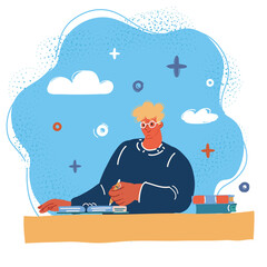 Vector illustration of man with note pad writing and study