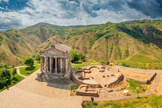 Aerial view of the famous Garni temple in Armenia. The historic Greek style building is located on the edge of a picturesque gorge. Travel and Tourism locations