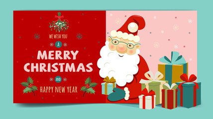 Cute Santa Claus gives gifts. Merry Christmas and Happy New Year. Christmas cards.