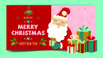 Cute Santa Claus gives gifts. Merry Christmas and Happy New Year. Christmas cards vector illustration.