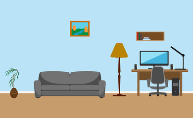  The interior of the room in a graphic illustration. Workplace at the computer Sofa Design