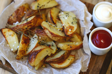 Soft focus. Appetizing homemade rustic potato wedges with sauces.