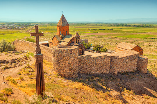 Famous Khor Virap monastery building and chapel. Travel and religious destinations in Armenia concept