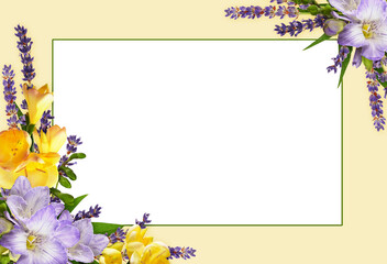 Purple and yellow freesia flowers in a corner floral arrangements with empty card on yellow - obrazy, fototapety, plakaty