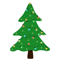Cartoon Christmas illustration with xmas decorated tree isolated with color garland. Flat vector festive concept for Merry Christmas and Happy new year