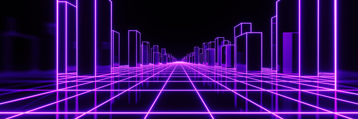 Abstract panoramic banner 3D neon hologram cyberspace buildings. Digital City, Technology and connection concept. 3D illustration.