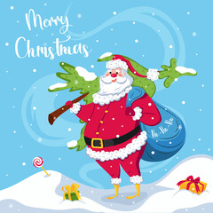 Greeting Card with Santa Claus and Christmas tree. Merry Christmas