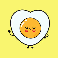Cute funny jumping fried eggs character. Vector hand drawn cartoon kawaii character illustration icon. Isolated on yellow background. Fried eggs character concept