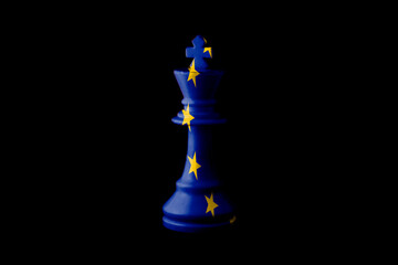 European Union flags paint over on chess king. 3D illustration.
