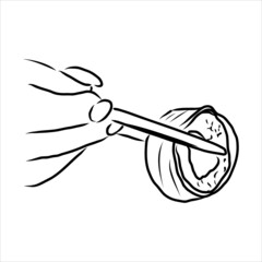 Hand holding Japanese, Chinese, Asian sushi, roll with pair of wooden chopsticks, sketch vector illustration isolated on white background. Human hand with chopsticks and sushi, roll with salmon