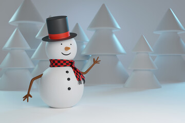 Cartoon snowman with snowy trees background. Christmas concept. 3d illustration.