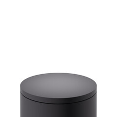 Black color cylindrical podium, on white background. Monochromatic mock up pedestal design for display case,  showcase, shopfront. 3d render illustration.