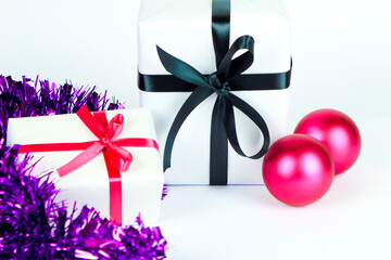 Gifts with Christmas decoration on white background
