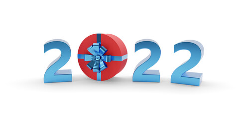 2022 text with gift box in three dimensions. New year concept. 3d illustration.