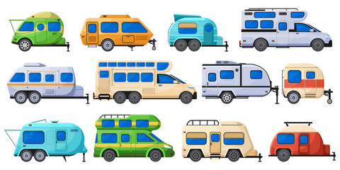 Camping trailers, tourism road home, rv cars and camper vehicles. Road trucks, outdoor vacation caravan cars vector flat illustration set. Tourism motorhomes