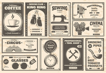 Retro newspaper goods and services old advertising banners. Vintage newspaper ads vector illustration set. Newspaper shops advertisement