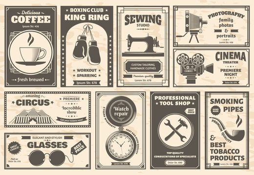 Retro newspaper goods and services old advertising banners. Vintage newspaper ads vector illustration set. Newspaper shops advertisement