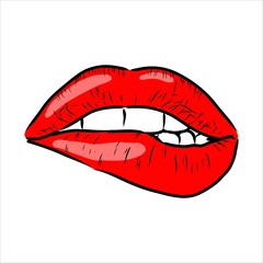 Sexy plump lips kiss pink watercolor and line art, Hand drawn vector illustration isolated