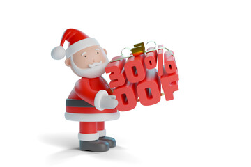 Cartoon Santa Claus carrying 30 percent off text isolated on white background. Christmas concept. 3d illustration.