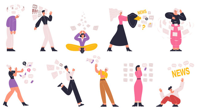 Information, Data And Social Media Overload, Overwhelmed Characters. People Overloaded With Social Media, Fake News Information Vector Illustration Set. Overwhelmed People