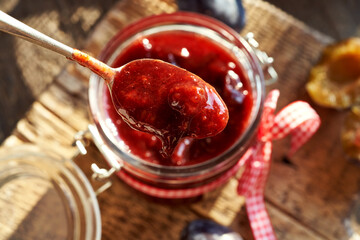 Homemade preserved plum jam, close up