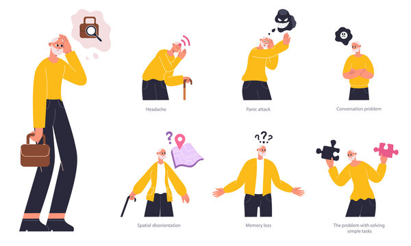 Alzheimer, dementia symptoms infographic, old man with memory loss and disorientation. Senior man suffer from brain disease vector flat illustration. Dementia ederly patients