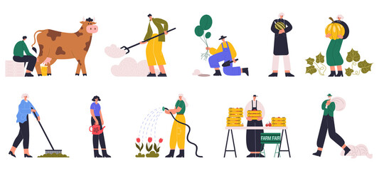 Agricultural farmer characters, cultivate soil, planting crops, harvest. Farm workers milking cow, watering soil vector illustration set. Working farmer characters